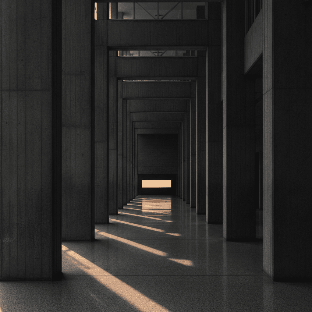 Empty civic-building corridor with a band of warm daylight across the floor