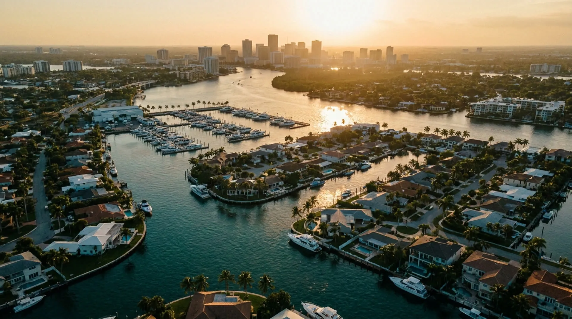 Aerial view of Fort Lauderdale waterways in Broward County at dusk
