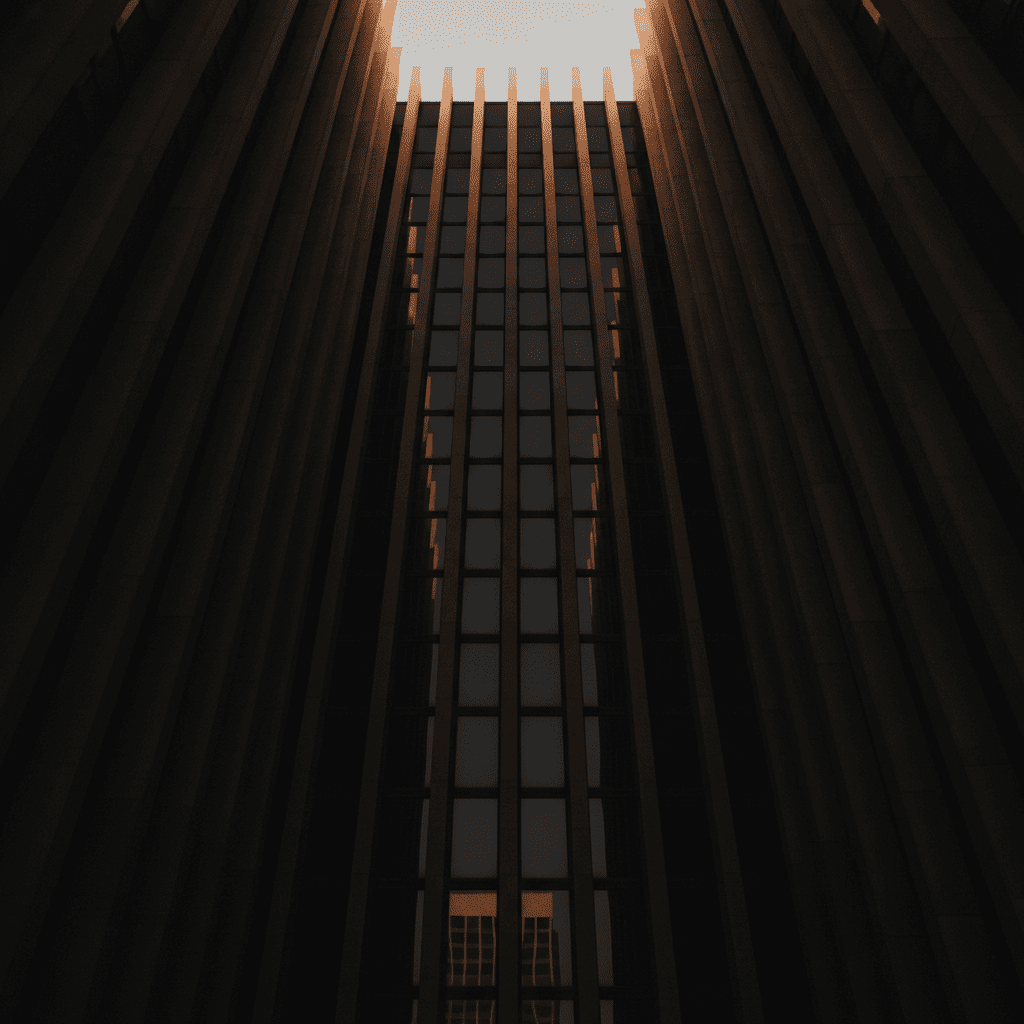 Vertical view up a civic building facade in downtown Miami, concrete fins converging toward warm daylight