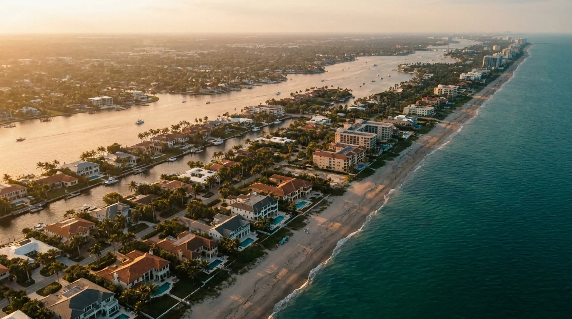 Aerial view of the Palm Beach County coastline at dusk